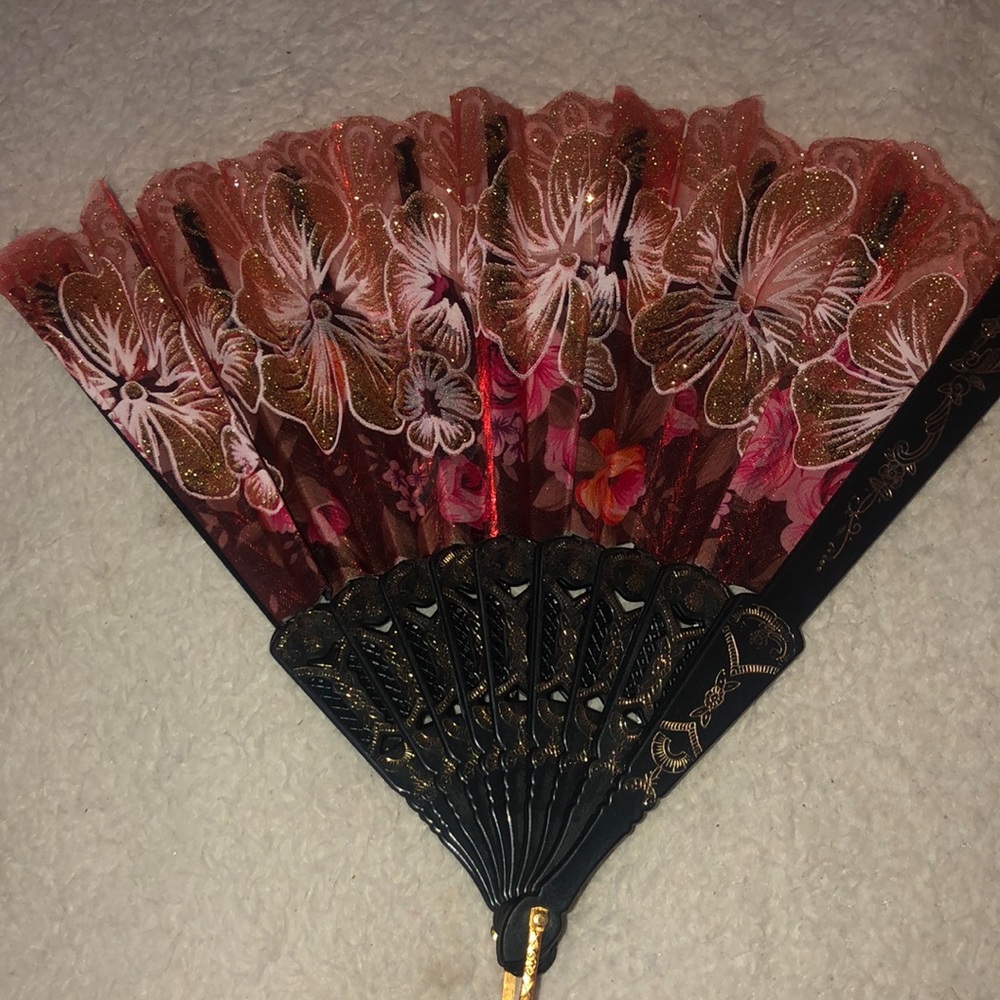 Red and black flower hand fan